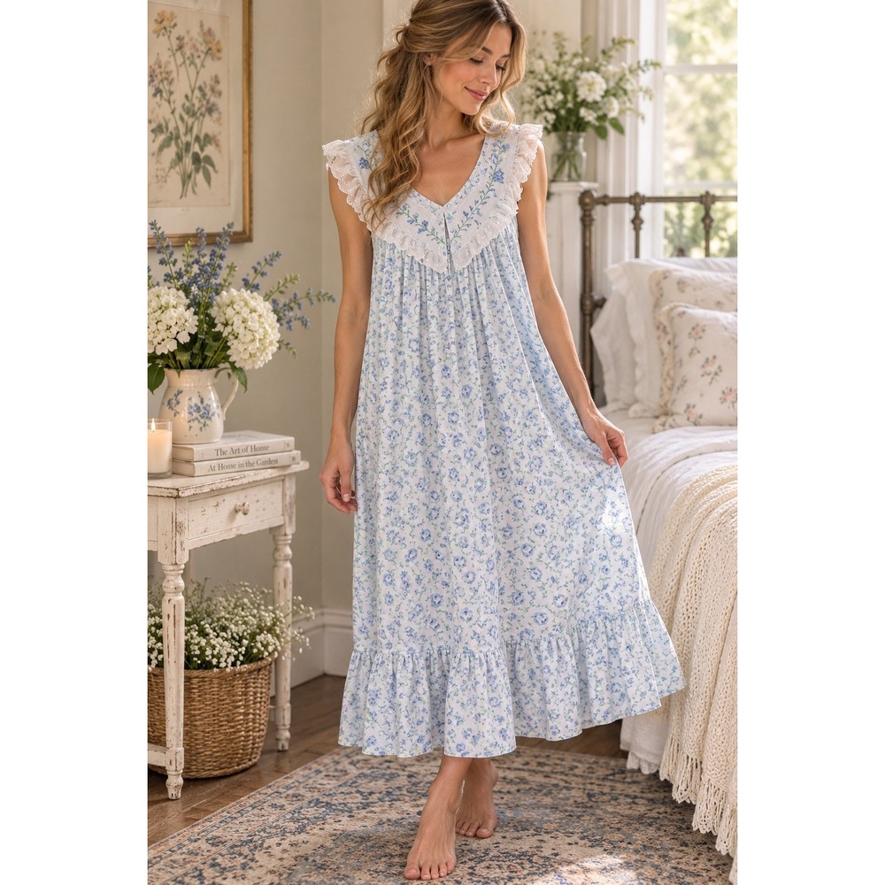 Vintage Cottagecore Floral Maxi Nightgown Dress Lace Embroidered Blue Farmhouse
